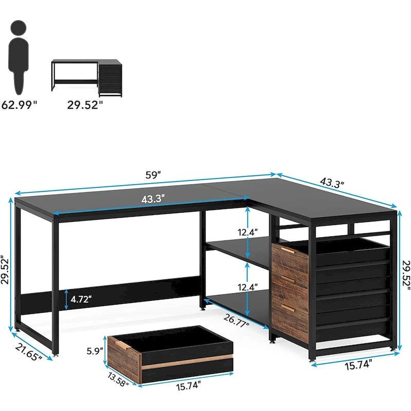 E1 Spanplatte & Metall umkehrbarer L-förmiger Schreibtisch mit Schubladen 150 cm B x 109 cm T x 75 cm H