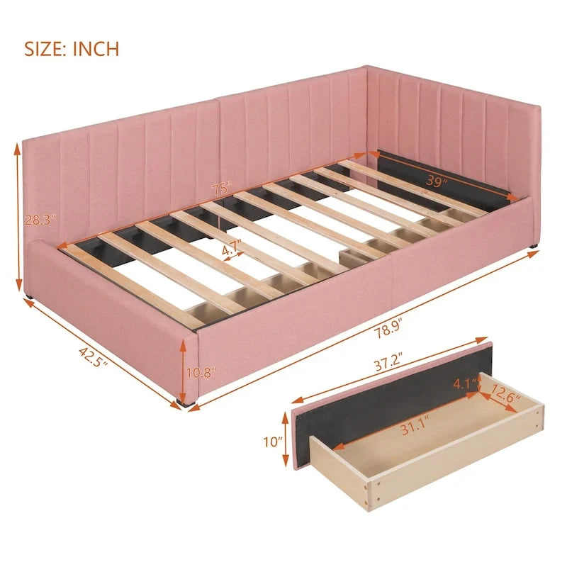 Tagesbett für zwei Personen aus Leinen und MDF mit 2 Schubladen und gepolsterter Rückenlehne, 190 cm L x 108 cm B x 72 cm H