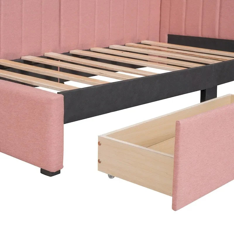 Tagesbett für zwei Personen aus Leinen und MDF mit 2 Schubladen und gepolsterter Rückenlehne, 190 cm L x 108 cm B x 72 cm H