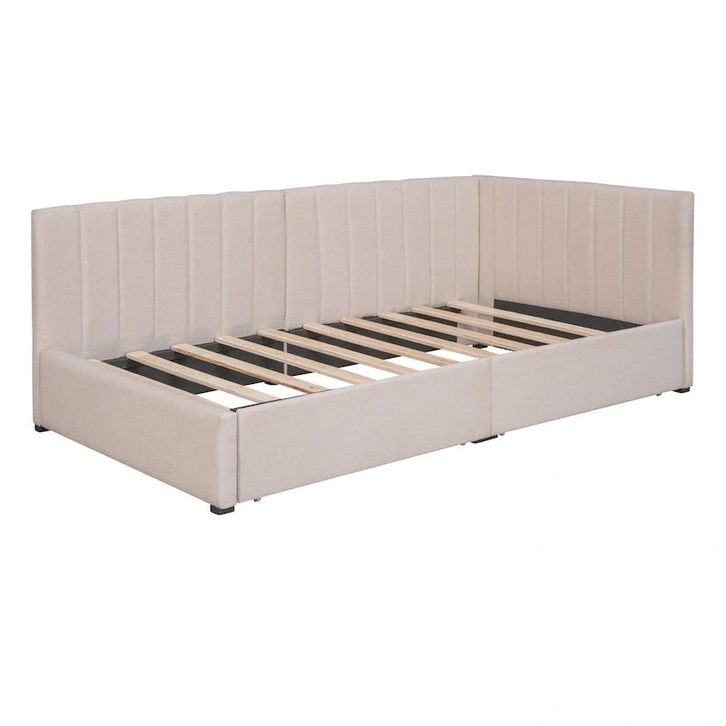 Tagesbett für zwei Personen aus Leinen und MDF mit 2 Schubladen und gepolsterter Rückenlehne, 190 cm L x 108 cm B x 72 cm H