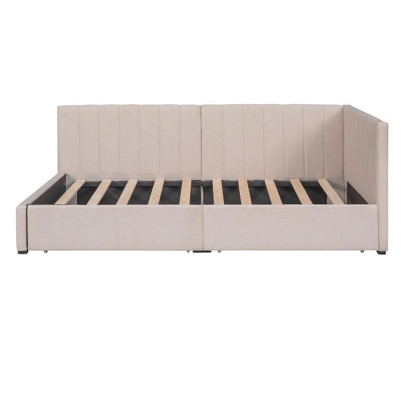 Tagesbett für zwei Personen aus Leinen und MDF mit 2 Schubladen und gepolsterter Rückenlehne, 190 cm L x 108 cm B x 72 cm H