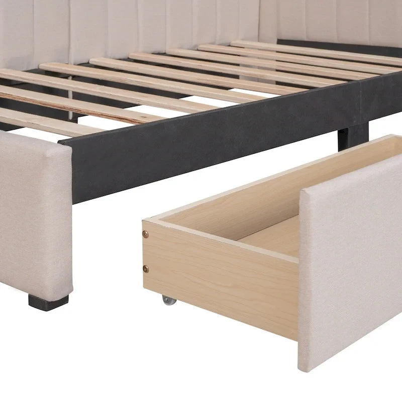Tagesbett für zwei Personen aus Leinen und MDF mit 2 Schubladen und gepolsterter Rückenlehne, 190 cm L x 108 cm B x 72 cm H