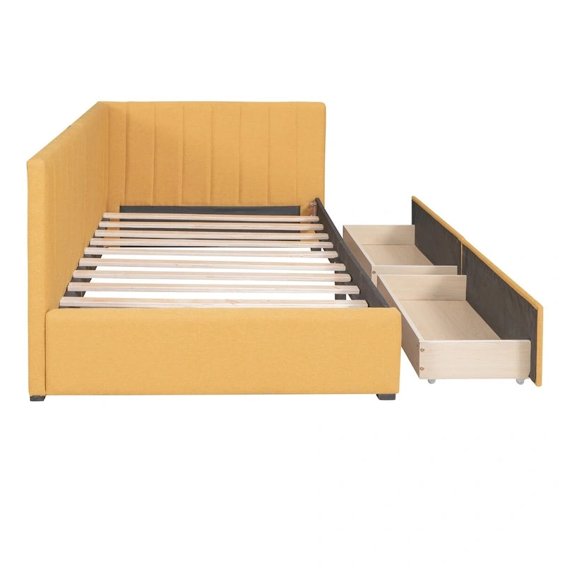 Tagesbett für zwei Personen aus Leinen und MDF mit 2 Schubladen und gepolsterter Rückenlehne, 190 cm L x 108 cm B x 72 cm H