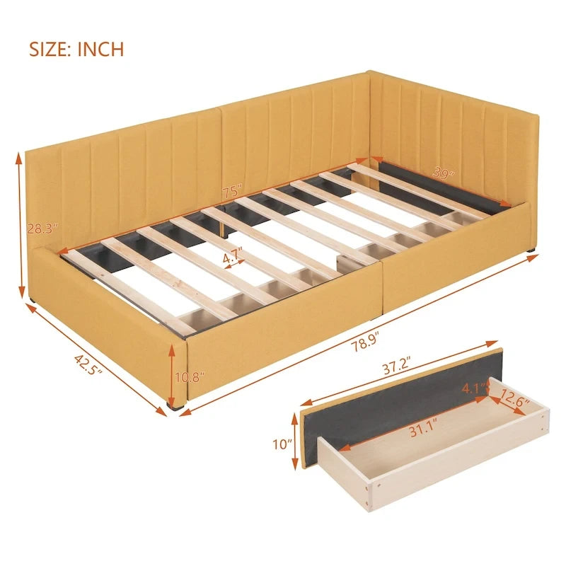 Tagesbett für zwei Personen aus Leinen und MDF mit 2 Schubladen und gepolsterter Rückenlehne, 190 cm L x 108 cm B x 72 cm H