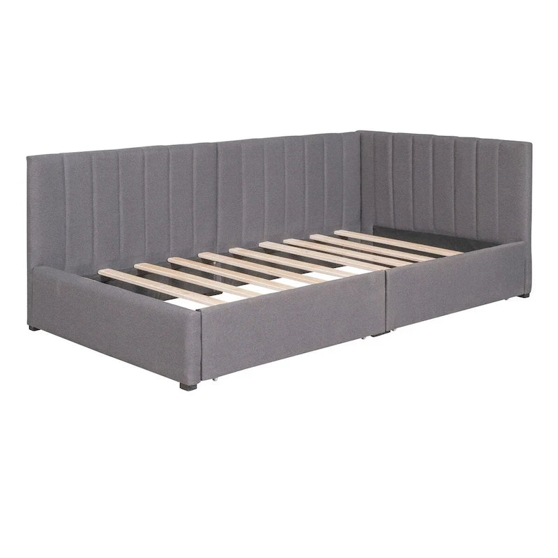 Tagesbett für zwei Personen aus Leinen und MDF mit 2 Schubladen und gepolsterter Rückenlehne, 190 cm L x 108 cm B x 72 cm H