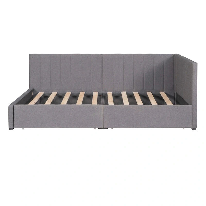 Tagesbett für zwei Personen aus Leinen und MDF mit 2 Schubladen und gepolsterter Rückenlehne, 190 cm L x 108 cm B x 72 cm H