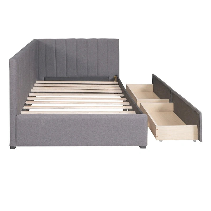 Tagesbett für zwei Personen aus Leinen und MDF mit 2 Schubladen und gepolsterter Rückenlehne, 190 cm L x 108 cm B x 72 cm H