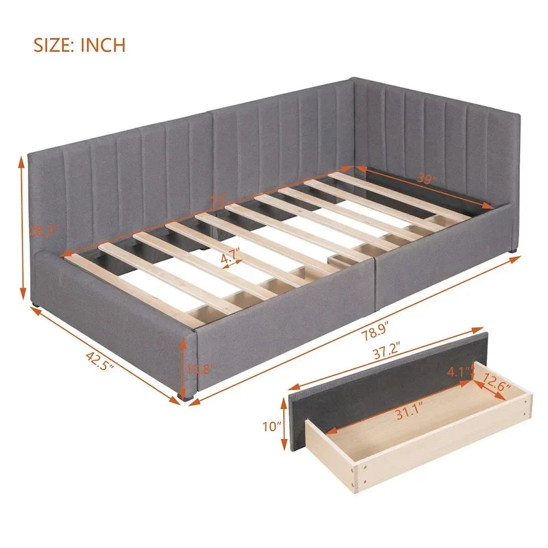 Tagesbett für zwei Personen aus Leinen und MDF mit 2 Schubladen und gepolsterter Rückenlehne, 190 cm L x 108 cm B x 72 cm H