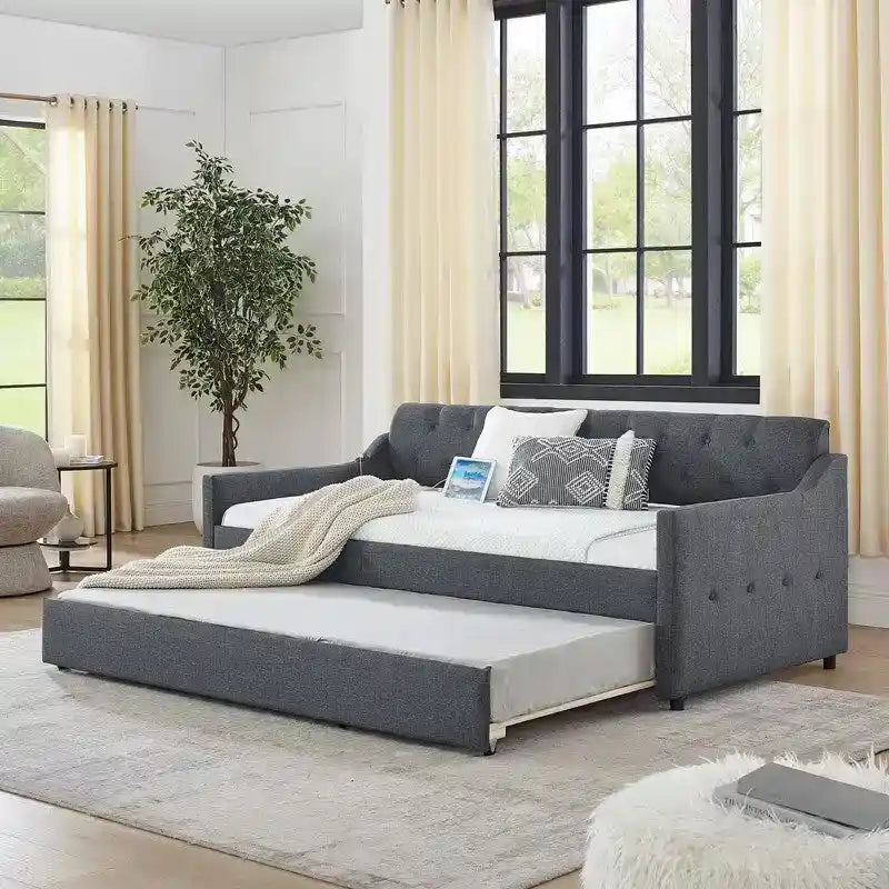 Tagesbett aus Leinen und MDF mit Ausziehbett und USB-Ladeanschluss 208 cm L x 104 cm B x 84 cm H