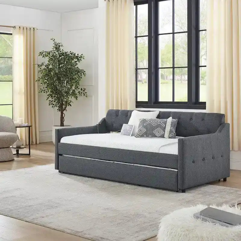 Tagesbett aus Leinen und MDF mit Ausziehbett und USB-Ladeanschluss 208 cm L x 104 cm B x 84 cm H