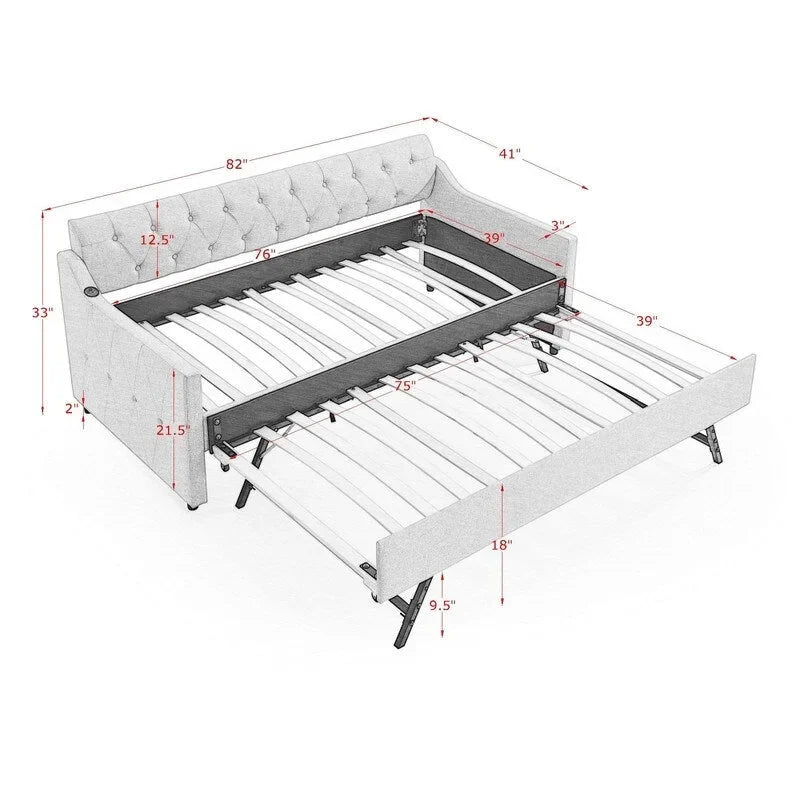 Tagesbett aus Leinen und MDF mit Ausziehbett und USB-Ladeanschluss 208 cm L x 104 cm B x 84 cm H