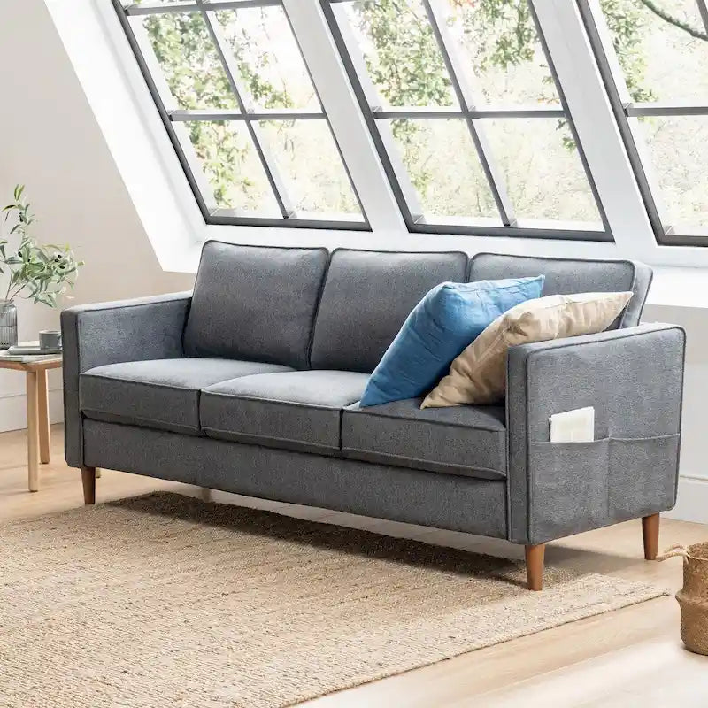 Sofa aus Eukalyptusholz und Poly-Leinen mit Armlehnentaschen 73,5" B x 29" T x 31,9" H