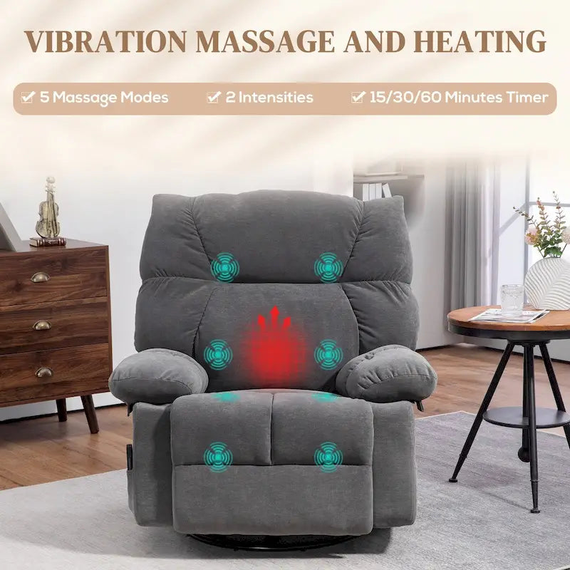 Chenille- & Stahl-Übergroßer Drehsessel mit Wippfunktion, Massage und Heizung 98 cm B x 90 cm T x 98 cm H