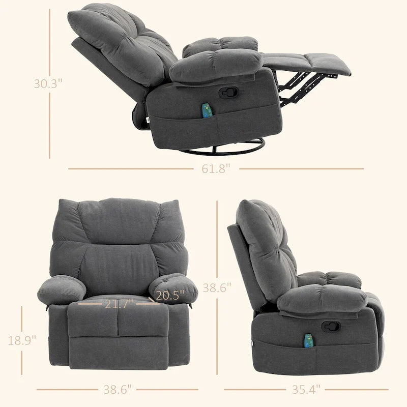 Chenille- & Stahl-Übergroßer Drehsessel mit Wippfunktion, Massage und Heizung 98 cm B x 90 cm T x 98 cm H
