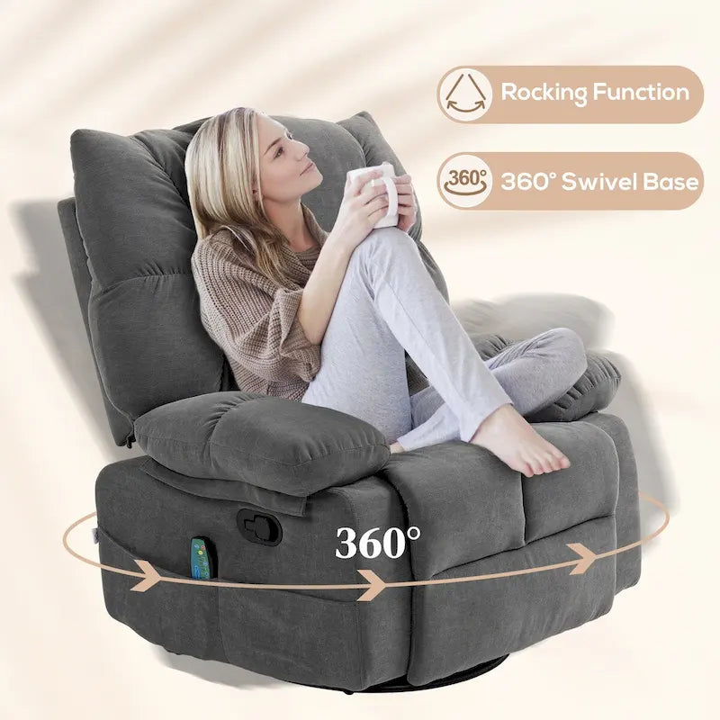 Chenille- & Stahl-Übergroßer Drehsessel mit Wippfunktion, Massage und Heizung 98 cm B x 90 cm T x 98 cm H