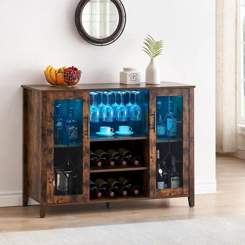 Getränkeschrank aus Spanplatte mit LED-Beleuchtung und Glastüren, 120 B x 40 T x 88 H cm