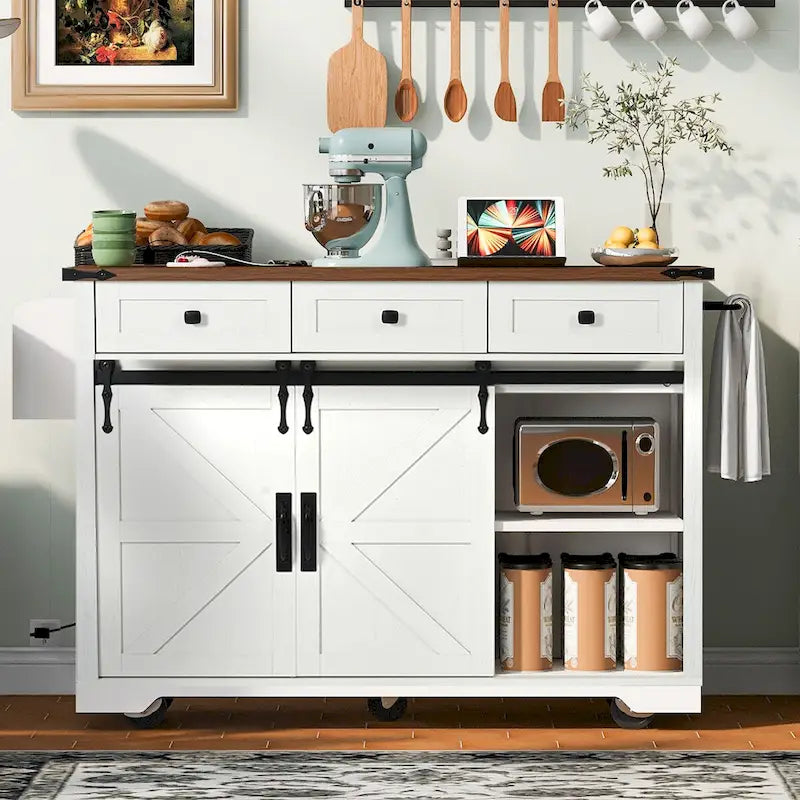 Kücheninsel aus Spanplatte & MDF mit Steckdose und feststellbaren Rollen 136 cm B x 73 cm T x 93 cm H