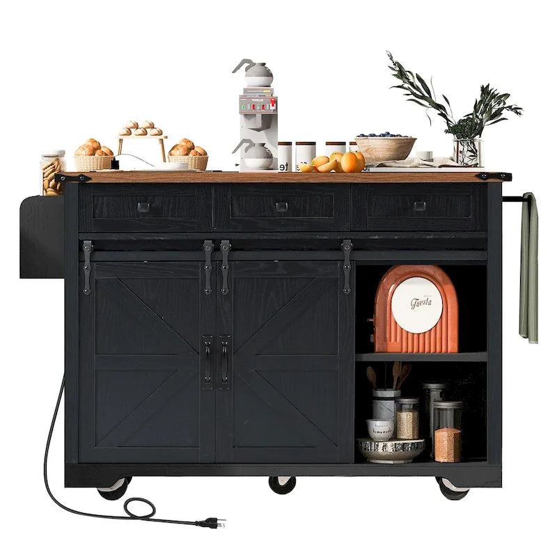 Kücheninsel aus Spanplatte & MDF mit Steckdose und feststellbaren Rollen 136 cm B x 73 cm T x 93 cm H