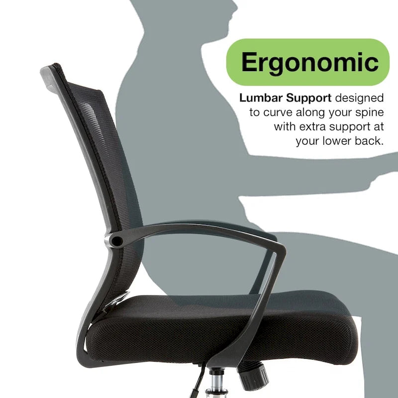 Ergonomischer Bürostuhl mit Rückenlehne aus Netzstoff und Schaumstoff, mit Lordosenstütze, 55,1 cm B x 59,9 cm T x 93-103,1 cm H