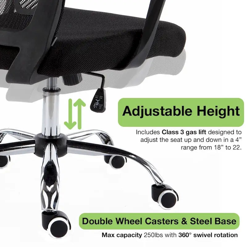 Ergonomischer Bürostuhl mit Rückenlehne aus Netzstoff und Schaumstoff, mit Lordosenstütze, 55,1 cm B x 59,9 cm T x 93-103,1 cm H