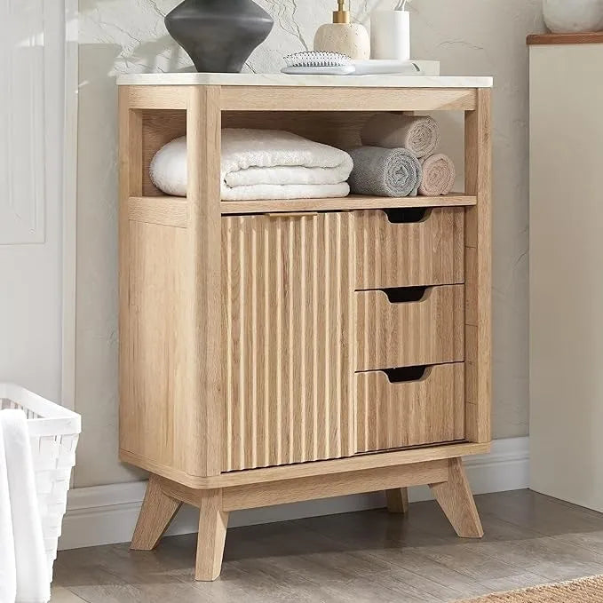 Badezimmerschrank aus Holzwerkstoff mit Kunstmarmorplatte und 3 Schubladen 58,9 cm B x 29,5 cm T x 81,3 cm H