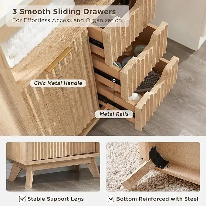 Badezimmerschrank aus Holzwerkstoff mit Kunstmarmorplatte und 3 Schubladen 58,9 cm B x 29,5 cm T x 81,3 cm H