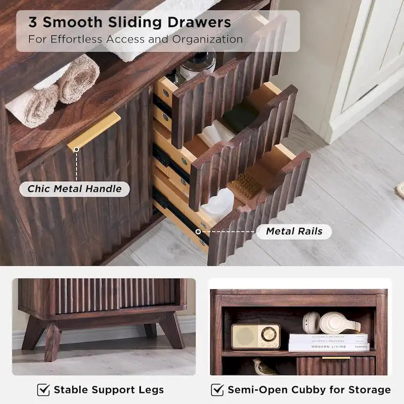 Badezimmerschrank aus Holzwerkstoff mit Kunstmarmorplatte und 3 Schubladen 58,9 cm B x 29,5 cm T x 81,3 cm H