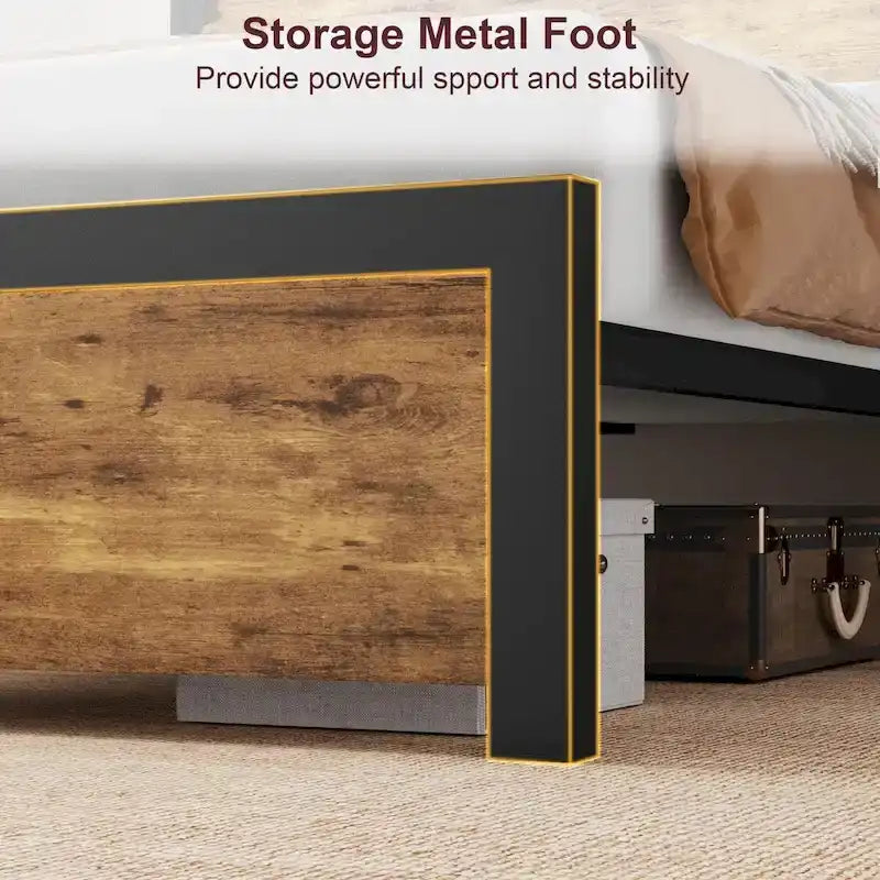 Queen-Plattformbettgestell aus MDF und Metall mit Kopfteil mit Stauraum