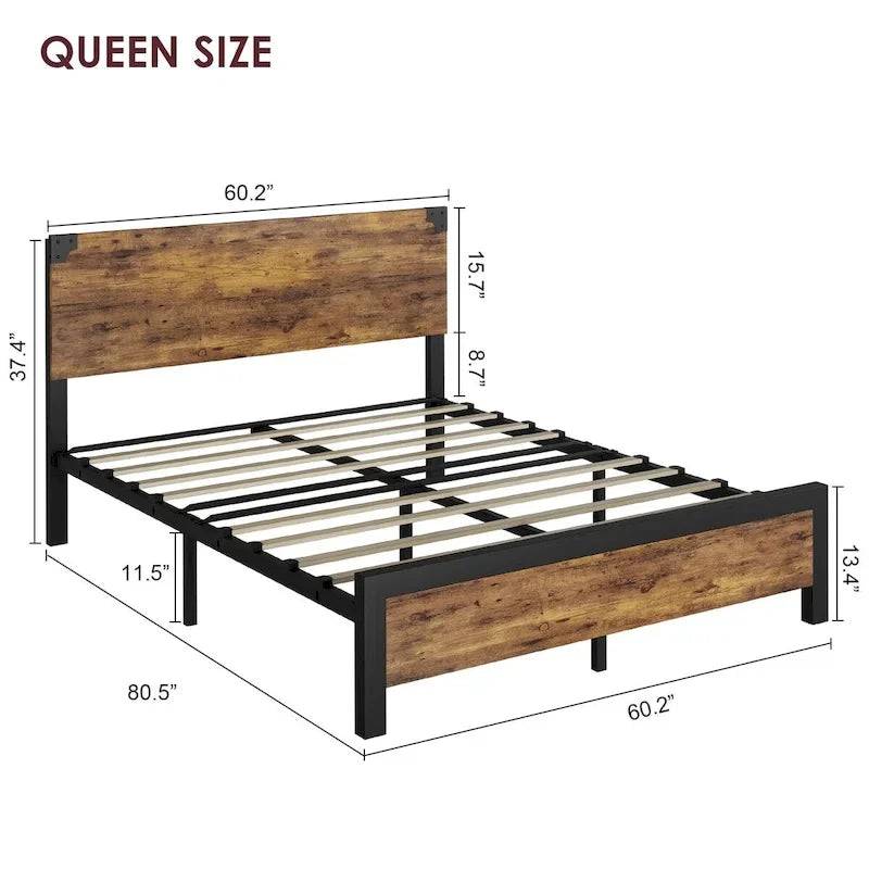 Queen-Plattformbettgestell aus MDF und Metall mit Kopfteil mit Stauraum