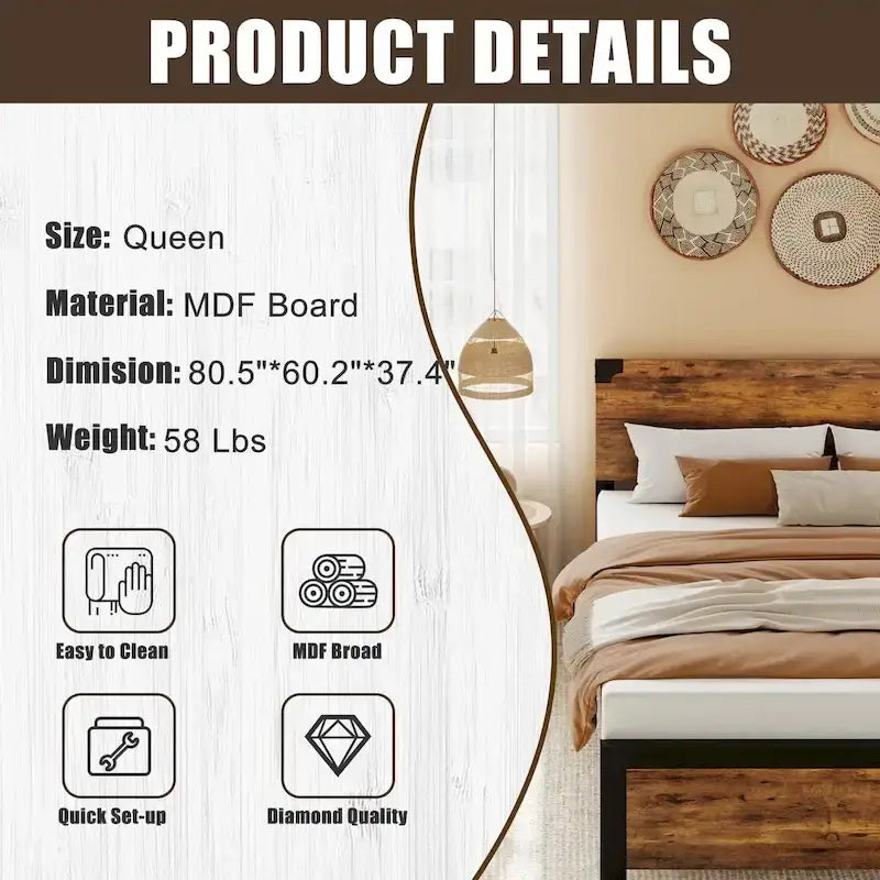 Queen-Plattformbettgestell aus MDF und Metall mit Kopfteil mit Stauraum